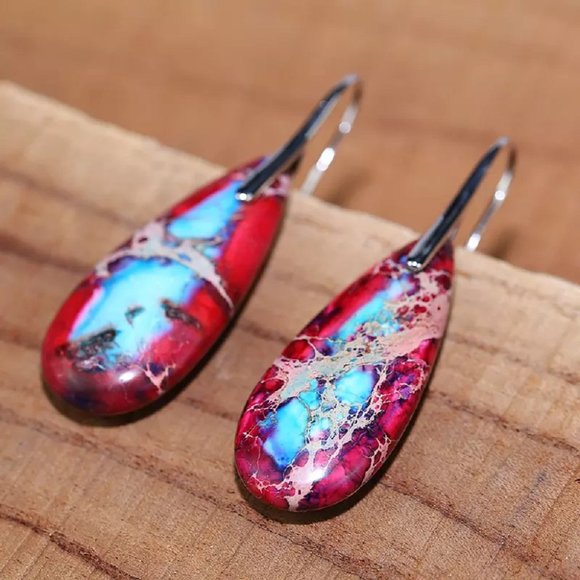 Natural Galaxy Imperial Jasper Teardrop Dangle Earrings Gemstone Drop Earrings - Picture 1 of 3